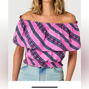 Wrangler M Retro Off the Shoulder Short Sleeve Ruffle Crop Elastic Waist Blouse